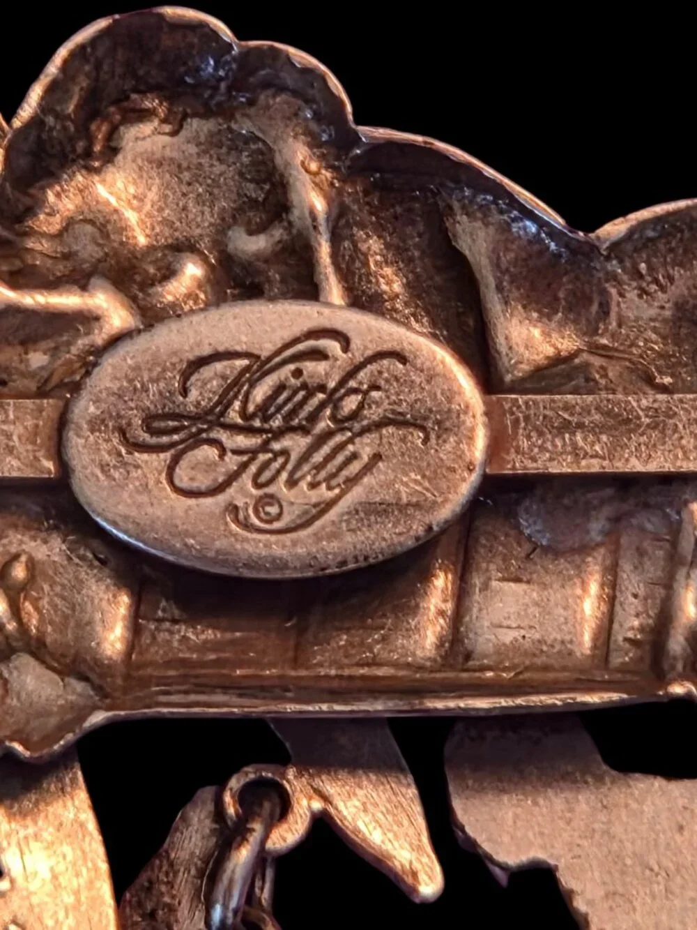 Vintage Kirks Folly Winter Skiing Cherub Silvertone Dangle Charm Brooch 1990s